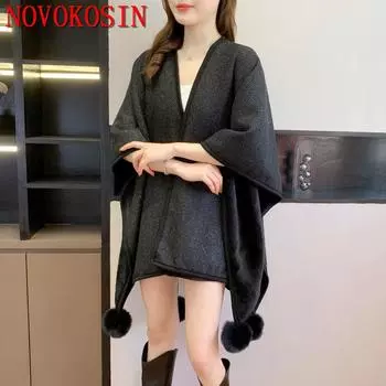 Осень 2023, теплый бархатный плащ с подкладкой большого размера, пальто с разрезом, пончо, женский свободный комочек из искусственного меха, уличная одежда, кардиган, накидка с шалью One Size