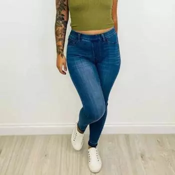 Осень 2023, уличные эластичные джинсы со средней талией, модные брюки-карандаш с карманами, женские повседневные тонкие узкие брюки Pantalon Femme 30214 XS темно-синий