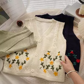 Осень 2023, винтажный свитер, жилет с v-образным вырезом и вышивкой, однобортный вязаный жилет без рукавов для девочек M светло-зеленый