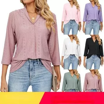 Осень 2023, женская повседневная свободная футболка с v-образным вырезом и отворотами со средними рукавами S белый