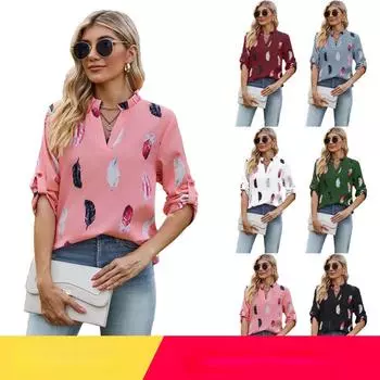 Осень 2023, женская повседневная свободная рубашка с v-образным вырезом и принтом перьев, рукав семь четвертей S чёрный