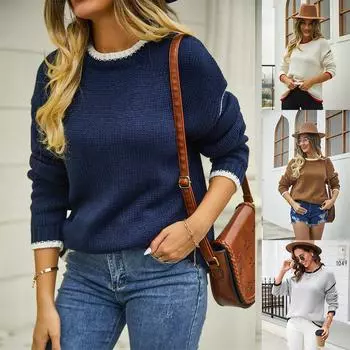 Осень 2023, женский повседневный лоскутный полосатый свитер контрастного цвета с круглым вырезом, пуловер, свитер S белый