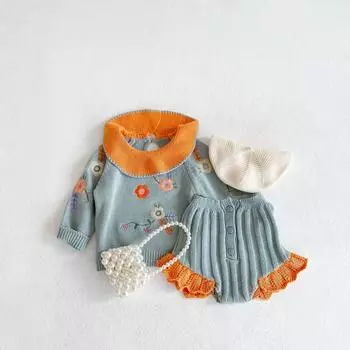 Осень 2024 г. Комплект из трикотажного топа и кружевных брюк для девочки с вышитым воротником 100cm