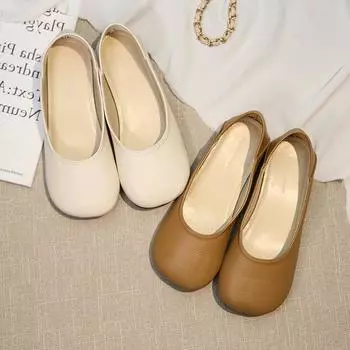Осень 2024 г., новые французские повседневные кожаные туфли на плоской подошве с неглубоким ртом, ультрамягкие ретро-ботинки на низком каблуке 35 хаки