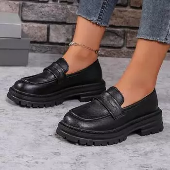 Осень 2024 г. Новые модные, повседневные и универсальные женские мокасины на толстой подошве 35 чёрный