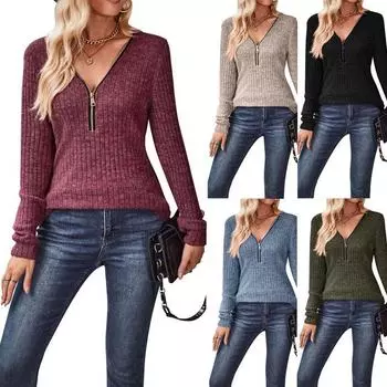 Осень 2024 г. Однотонная повседневная рубашка с V-образным вырезом, застежкой-молнией, длинными рукавами и вшитыми полосками XXL небесно-голубой