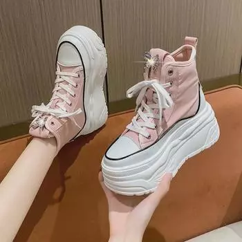 Осень 2024 г. Женские высокие кроссовки с круглым носком: Толстая подошва, визуально увеличивающая рост, повседневный уличный стиль. 36 розовый