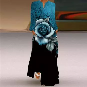 Осень 2024 года европейское и американское сексуальное макси-платье с V-образным вырезом и длинными рукавами с принтом 2XL