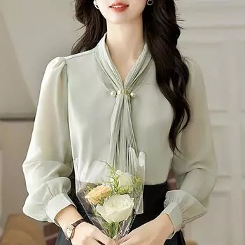 Осень 2024 года, модная повседневная шифоновая блузка с длинным рукавом и бантом на шнуровке, женские топы, блузки, рубашки J430 S светло-зеленый