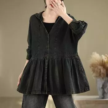 Осень 2024 года, новая джинсовая куртка в стиле ретро, простая, универсальная, с капюшоном и рукавами «летучая мышь», короткая джинсовая куртка-кардиган M чёрный