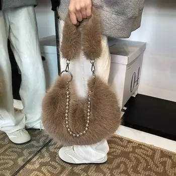 Осень 2024 года, новая корейская версия красивой сумки-полумесяца для поездок на работу под мышкой, повседневная французская модная простая плюшевая сумка чёрный