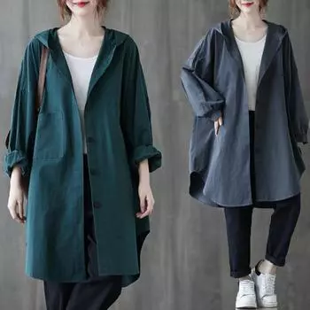 Осень 2024 года, новая свободная куртка-рубашка большого размера с капюшоном средней длины для женщин Free size чёрный