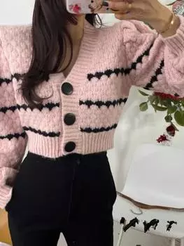 Осень 2024 года, новая универсальная мода, корейская серия, однобортный вязаный кардиган с V-образным вырезом и рукавами-фонариками, контрастного цвета, женский... S темно-серого