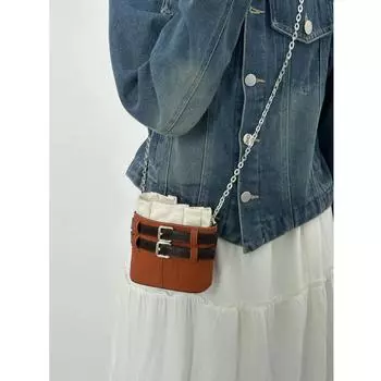 Осень 2024 года, новая винтажная сумка через плечо из высококачественной замши с цепочкой красного цвета, миниатюрный кошелек для монет, декорированный ремнем синий