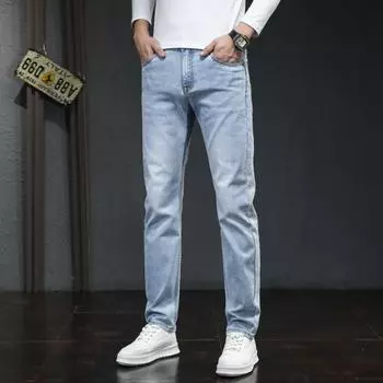 Осень 2024 года. Новые мужские удобные джинсы, эластичные, облегающие, повседневные брюки, прямые, модные брендовые длинные брюки. 28 светло-синий