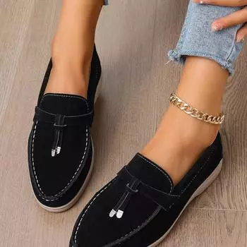 Осень 2024 года, новые повседневные туфли большого размера на низком каблуке, женские мокасины с кисточками и одной педалью 35 чёрный