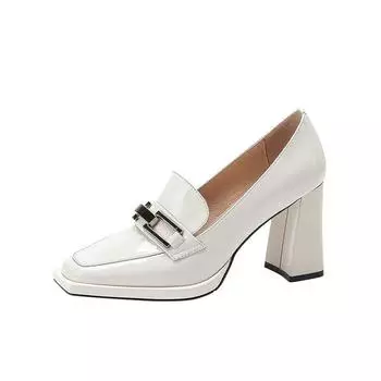 Осень 2024 года, новые туфли-лодочки, женская мода, ретро, одинарные туфли с металлической пряжкой, женские повседневные маленькие кожаные туфли на толстом каблуке 35 бежевый