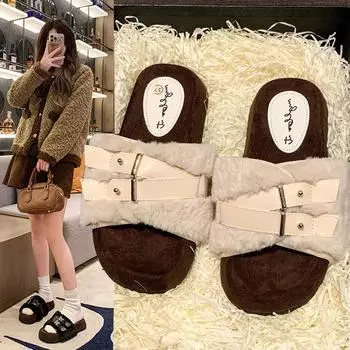 Осень 2024 года, новые женские модные элегантные и удобные тапочки на толстой танкетке, повседневные женские хлопковые тапочки с круглым носком 35 бежевый