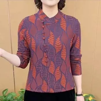 Осень 2024 года, новый дизайн, нерегулярная круглая горловина, рубашка с длинными рукавами для мам среднего возраста XL (85-55 kg) оранжевый