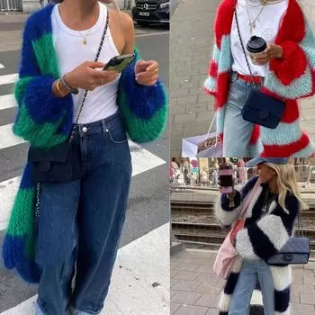 Осень 2024 года, новый контрастный полосатый свитер с ленивым ветром, длинное пальто S красный