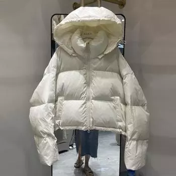 Осень 2024 года новый пуховик женский короткий корейский вариант с капюшоном модный маленький утолщенный белый утиный пух зимнее пальто S чёрный