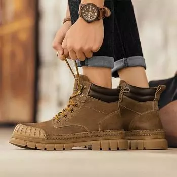 Осень 2024 года, прямая трансляция Douyin, лидер продаж, мужские кожаные ботинки Martin для отдыха на открытом воздухе с высоким берцем 39 золотой