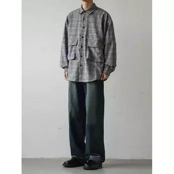 Осень 2024 года. Рубашка с карманами в клетку и декоративными лацканами. Мужская рубашка с длинным рукавом в японском стиле в стиле ретро с вышивкой. M хаки