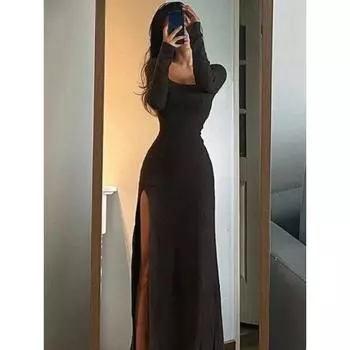 Осень 2024 Vestidos De Mujer Y2k платья женская одежда с длинными рукавами и разрезом туника халат Femme повседневное модное облегающее платье макси S чёрный