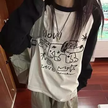 Осень 2024, забавные футболки с рисунком, женские милые топы с длинными рукавами в стиле аниме, винтажные повседневные милые футболки в консервативном стиле Y2k, уличная одежда большого размера XXL чёрный