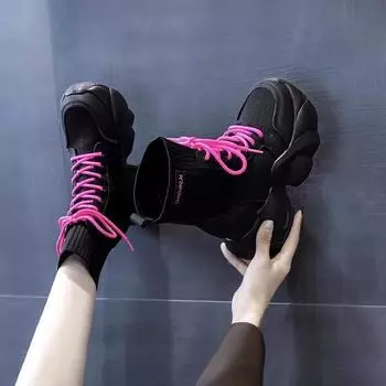 Осень 2024 женские ботильоны-носки модные ботильоны на шнуровке с круглым носком на платформе туфли в стиле панк женские элегантные короткие ботильоны 35 розовый