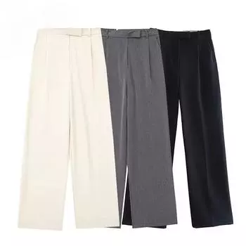 Осень 2024 женские брюки бежевые серые черные широкие брюки женские мешковатые брюки с высокой талией женские модные летние офисные брюки S бежевый