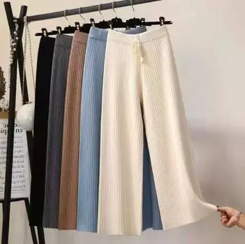 Осень 2024 Женские шерстяные трикотажные брюки с высокой талией и широкими штанинами — корейский стиль, свободные, утолщенные для осени/зимы One Size синий
