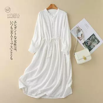 Осень 2025 года новое платье средней и длинной длины из хлопка и льна, однобортное платье в стиле ретро с застежкой-пряжкой спереди и длинными рукавами во французском стиле M белый
