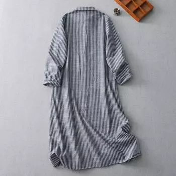 Осень 2025 года, новое ретро длинное однобортное полосатое тонкое пальто с воротником-поло, универсальная рубашка из хлопка и льна, юбка M