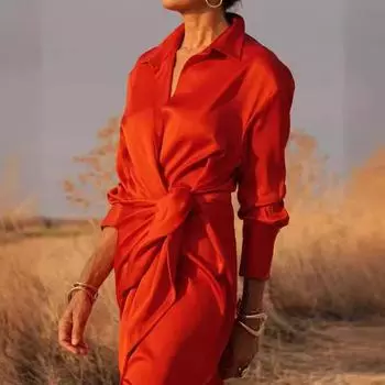 Осень 2025 года, новое женское платье на шнуровке с высокой талией, с разрезами по краям, с длинными рукавами и лацканами, сексуальное платье S красный
