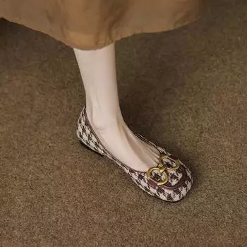 Осень 2025 года новые туфли на плоской подошве с квадратным носком, новые ретро-клетчатые туфли 35 коричневый