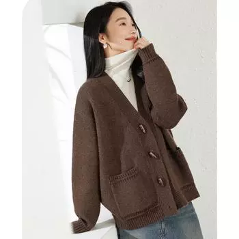 Осень 2025 Женский свитер Вязаный Базовый Модный Кардиган Длинный рукав Свободный Повседневный Пальто One Size