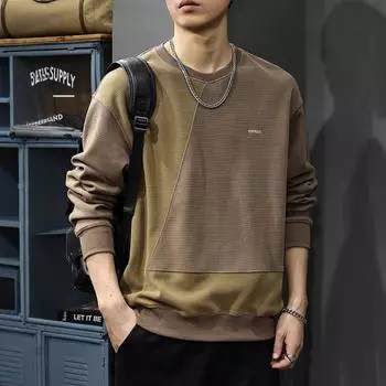 Осень 430G Тяжелая Текстура Круглый Вырез Мужской Свитер Дизайн Sense Splicing Контрастный Цвет Свободный Большой Размер Куртка M верблюд