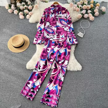 Осень Европа и Америка знаменитости легкие зрелые ветер повседневные новые модные топы с принтом брюки женский комплект из двух предметов