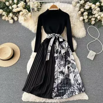 Осень Европа и Соединенные Штаты Ниша Ретро Высокий воротник Тонкий тонкий сплайсинг цвета столкновения с длинными рукавами Плиссированные вязаные платья M чёрный