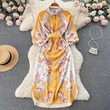 Осень Европа и США Wind New Court Wind однобортное женское платье с разрезом на бедрах и принтом