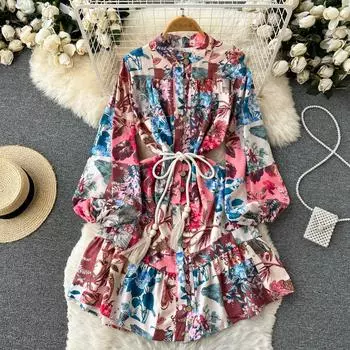 Осень High-end Холодный ветер Нишевый дизайн Печатный фонарь Рукав Талия Цветочное платье