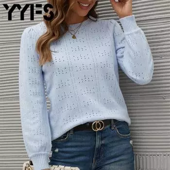 YYFS женские модные повседневные однотонные пуловеры с круглым вырезом и длинными рукавами, осень-зима с однотонным принтом