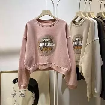 Осень и зима 2023, новый винтажный свитер в гонконгском стиле, женский повседневный свободный короткий пуловер с круглым вырезом и длинными рукавами, женский тренд M