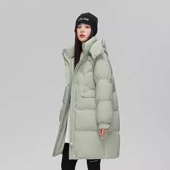 Осень и зима 2024 года. Модная женская средняя и длинная съемная шапка. Толстый трендовый пуховик с капюшоном. Зимняя одежда. S оранжевый