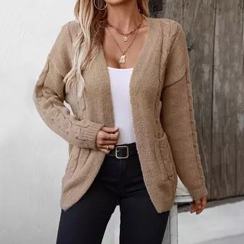 Осень и зима 2024 года, новинка Европы и Америки, однотонный женский трикотаж, V-образный вырез, жареные переплетения теста, карманный вязаный кардиган, свитер S хаки