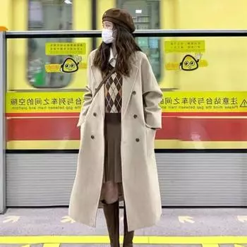 Осень и зима 2024 года, новое высококачественное шерстяное пальто Hepburn, женское шерстяное пальто средней и длинной длины выше колена S абрикосовый