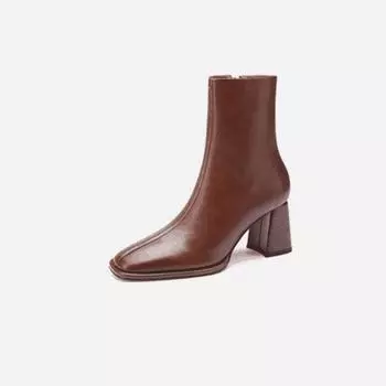 Осень и зима 2024 года. Новые универсальные женские ботинки телесного цвета с толстым каблуком и боковой молнией. Простые повседневные квадратные короткие ботинки для женщин. 35 чёрный