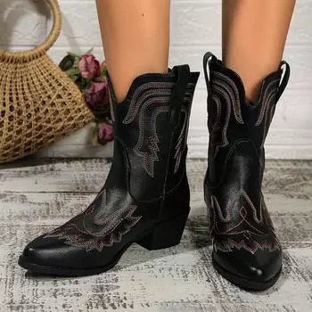 Осень и зима 2024 года. Новые женские ботильоны. Ботинки на танкетке и высоком каблуке. Модные и удобные ковбойские сапоги для женщин в стиле вестерн. 36 чёрный