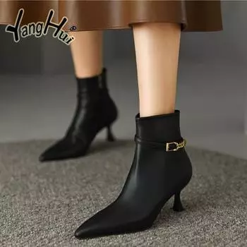 Осень и зима 2024 года. Новые женские туфли с боковой молнией и заостренной цепочкой. Модные мягкие кожаные современные ботинки телесного цвета премиум-класса. 34 белый